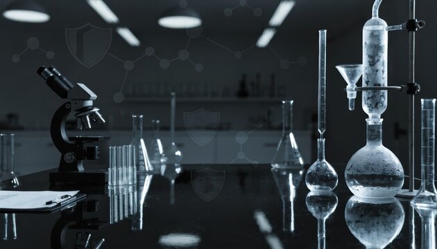 Laboratory glassware and microscope on a reflective bench in monochrome. lab validation background