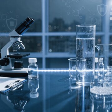 Microscope and glassware on a laboratory benchtop for scientific research lab validation background