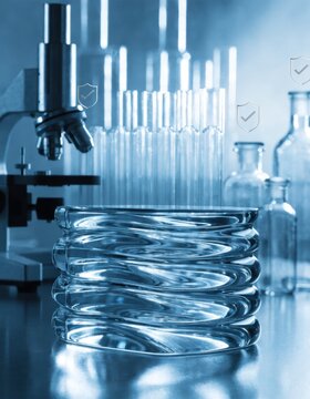Laboratory glassware and microscope with coiled condenser in blue light lab validation background