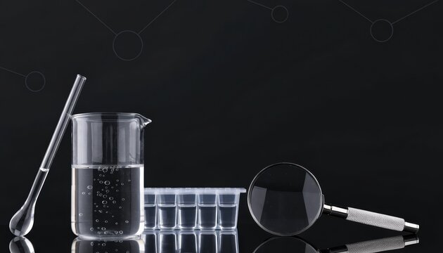 Lab glassware and molecular sketches on blackboard lab validation background