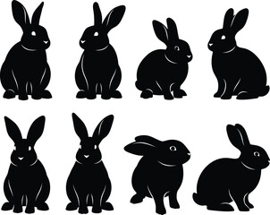 Obraz premium Collection of eight black silhouette rabbits in various poses