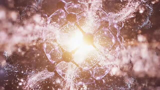 Glowing molecular structure with a bright center and surrounding particles, set against a dark background