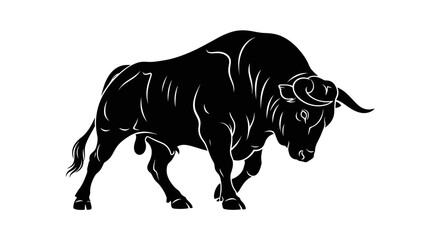 Obraz premium Powerful black bull with white outlines charging forward strongly