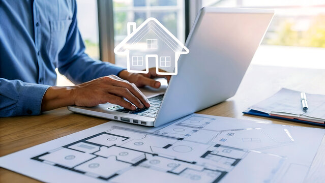 Man types on laptop over architectural plans, house icon hovering above, visualizing new home construction and design.