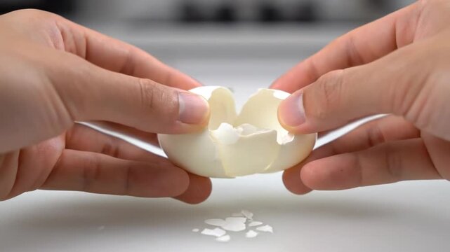 Hands holding a broken hard-boiled egg on a white surface.
