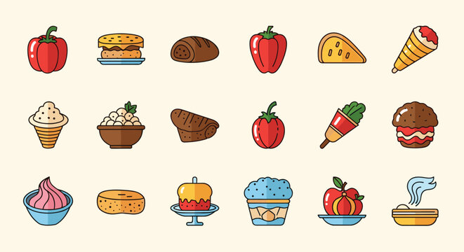 A colorful vector graphic illustration of various dessert and food icons