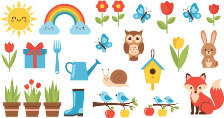 Cute spring garden elements and animals vector collection for kids nature design and seasonal decoration concept © Kharshad Creative