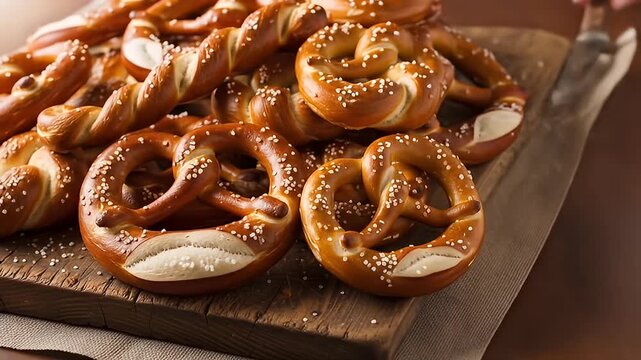 Fresh baked soft pretzels piled high on a wooden cutting board, lightly salted