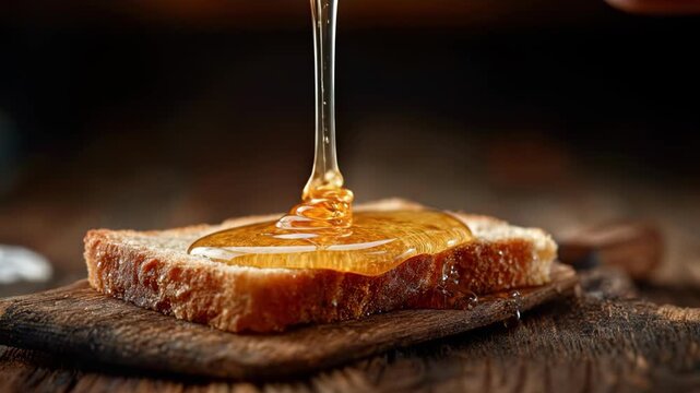A thick slice of toasted bread on a wooden board, honey being poured generously on top