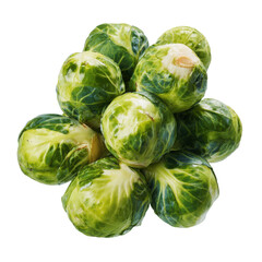 Fototapeta premium Pile of fresh green Brussels sprouts with visible leaves and stems vegetable food 1, Png On White Background, Isolated on Transparent Background, Cut Out