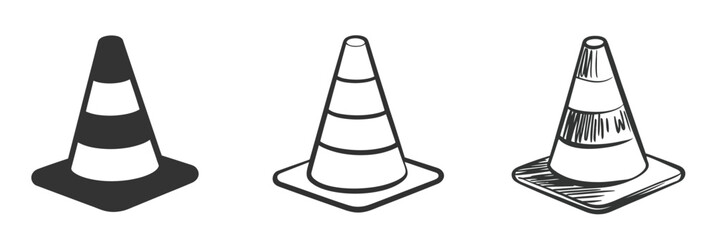 Traffic cone icon set, showcasing road safety and construction symbols in solid, outline, and sketch-style hand-drawn vector illustrations.