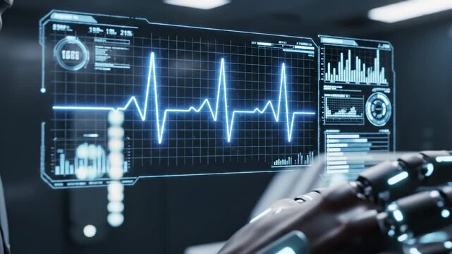 Robotic Hand Interacts With Futuristic Medical Display Showing Heartbeat Data in a Dark Laboratory Setting