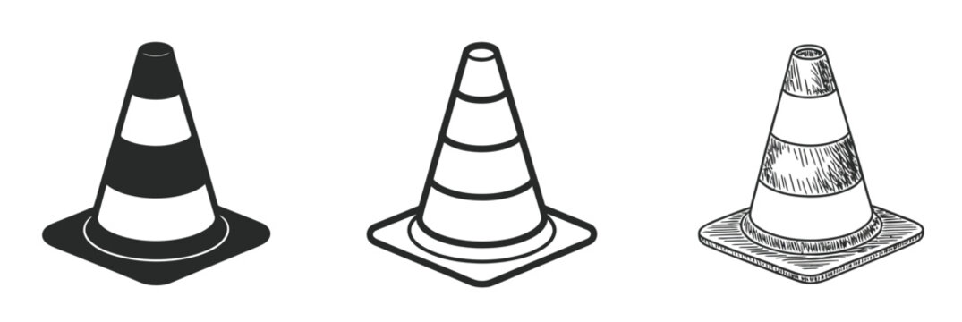 Traffic cone icon set, featuring solid, outline, and hand-drawn styles, symbolizing road safety, construction zones, and caution signage in vector format.