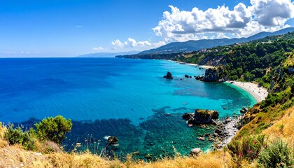 Fototapeta premium A serene coastal landscape with turquoise water and lush greenery