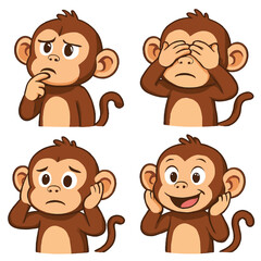 Naklejka premium Funny Brown Cartoon Monkey Mascot Set: Cute Character Showing Thinking, Covering Eyes and Ears Emotions, Isolated on White.