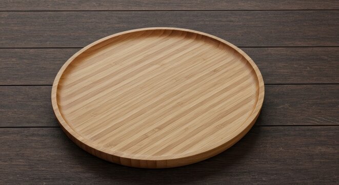 A round, empty bamboo tray sits on a dark, wooden surface, angled for view