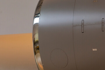 Shiny Gulfstream G engine nacelle showing polished inlet rim and cowling reflection, turbofan...