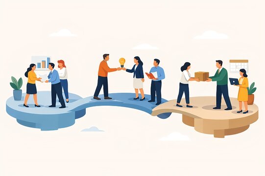 抽象的なチームワークと協力関係を表現したビジネスイラスト