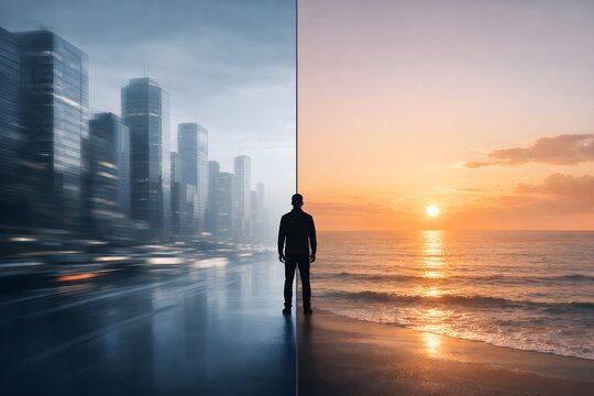 Split scene of modern city and peaceful ocean sunset with a lone figure between them, symbolizing life choices, work balance, urban pressure and coastal tranquility.