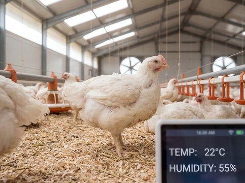 Modern broiler chickens thriving in a smart poultry farm, with a digital display showing optimal temperature and humidity for controlled environment agriculture and sustainable food producti