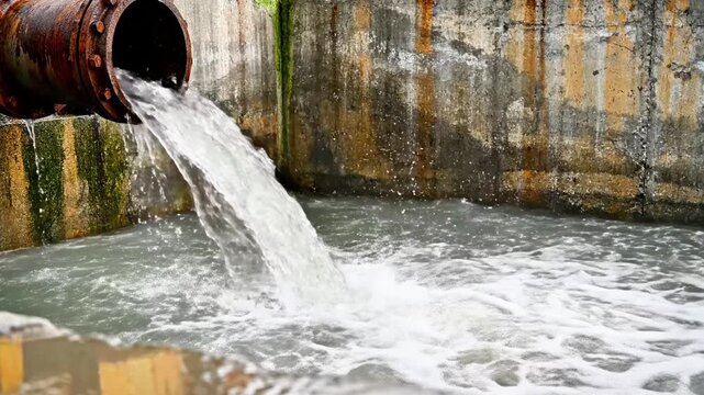 A large pipe discharges water into a body of water with a concrete wall