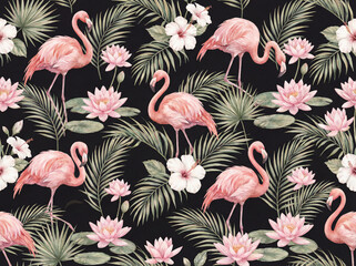 Naklejka premium Seamless watercolor tropical pattern with pink flamingos, water lilies, hibiscus flowers, and palm leaves on a black background