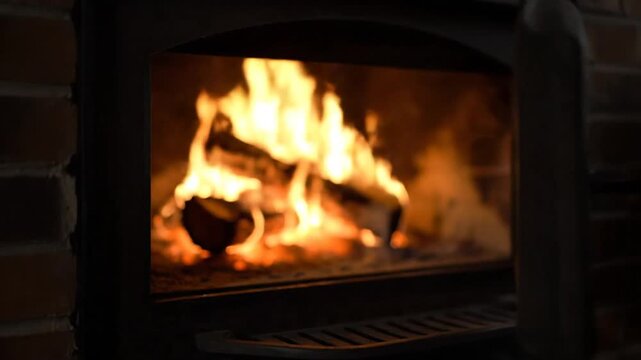Cozy fireplace with burning wood on a cold winter night.