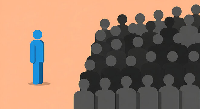 Hyper-Realistic Unique Dissenter Concept - One Blue Figure Standing Alone Facing Opposite Direction While Dark Grey Crowd Faces Forward Together on a Soft Peach Background