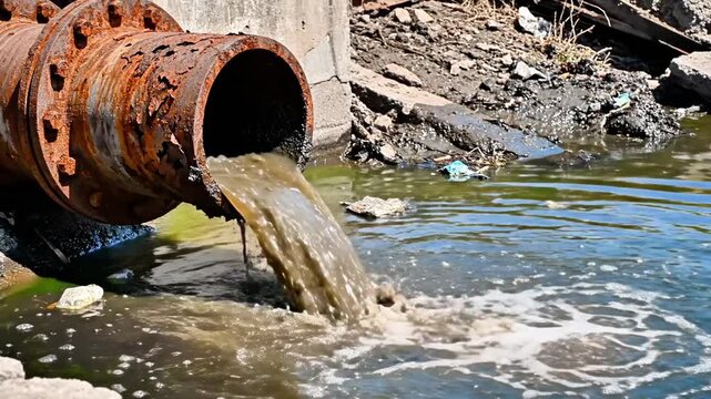 A rusty pipe discharges dirty water into a polluted body of water