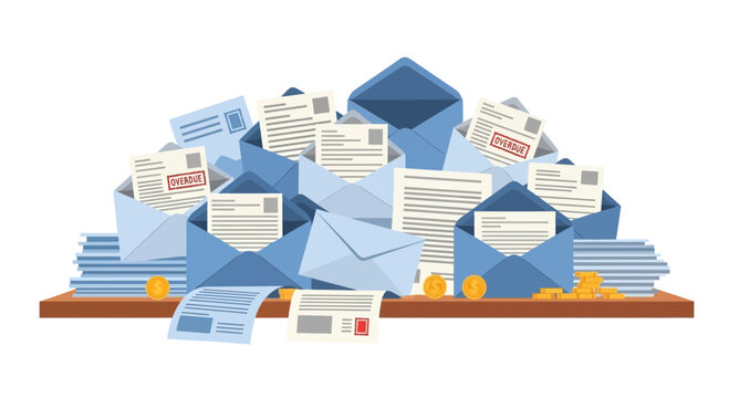 Overwhelmed by Paperwork: Stack of Letters, Envelopes, Documents and Coins