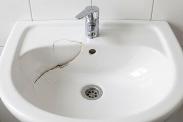 Fototapeta premium Broken white ceramic bathroom sink with a large crack