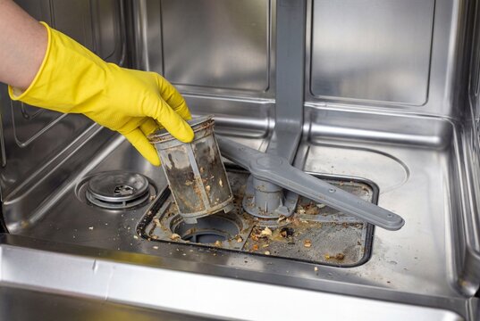 Gloved hand removing a dirty filter from a dishwasher