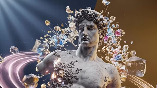 Statue Bust with Cracked Stone Texture Shattering Fragments in Dramatic Lighting