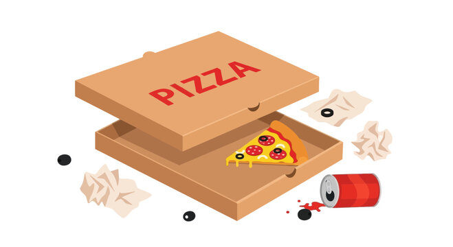 Single Slice Of Pizza Left In Open Box With Crumpled Paper And Spilled Soda