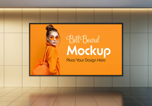 Horizontal Indoor Billboard Mockup in Modern Tiled Subway Station