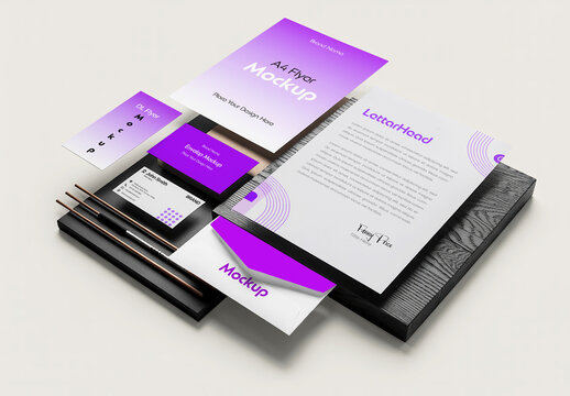 Isometric Stationery Branding Mockup Set with Purple Accents