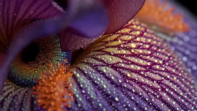 Extreme macro view of vibrant colors on iris flower petals in a detailed video frame