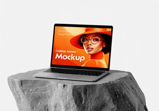 Minimalist Laptop Screen Mockup Displayed on Natural Stone Base