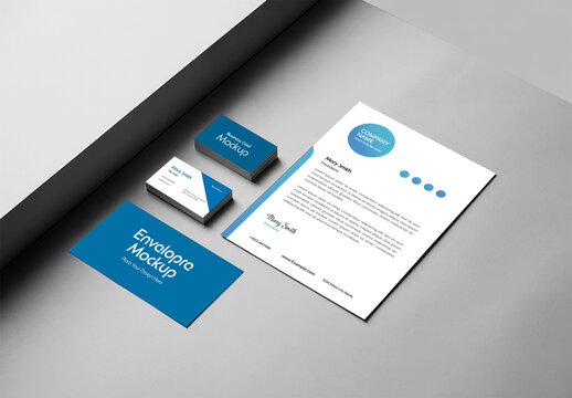 Minimalist Blue Stationery Branding Mockup with Envelope and Business Cards