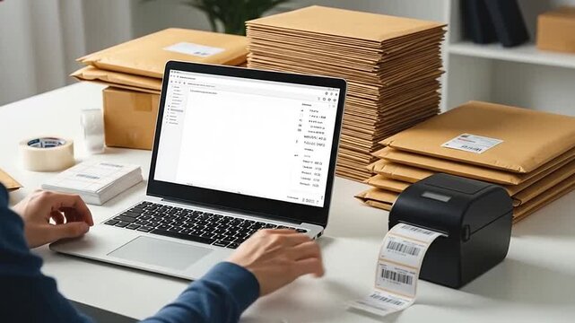 Person's Hands Typing on Laptop Processing E-commerce Orders with Shipping Packages and Label Printer on Desk.