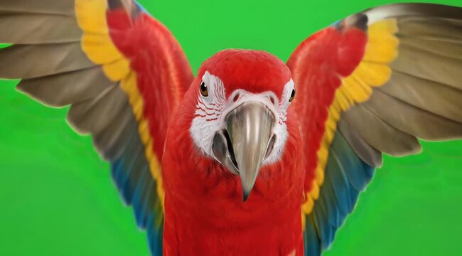 Close up of a vibrant red macaw parrot with wings spread on a green screen background.