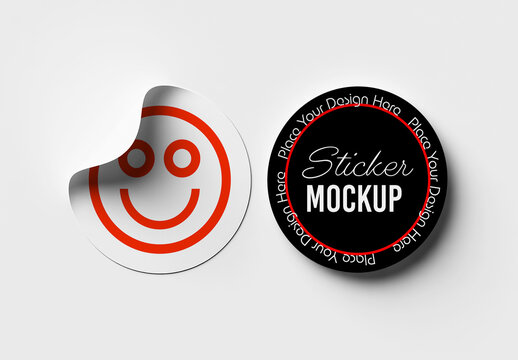 Circular Sticker Mockup Set with Peeling Effect and Smiley Face Design