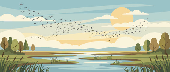 Fototapeta premium Flat Vector Illustration of Spring Bird Migration Over a Scenic Wetland Landscape with a Winding River, Reeds, Lush Trees, and a Soft Sun in a Pastel Sky; Seasonal Nature Wildlife Background