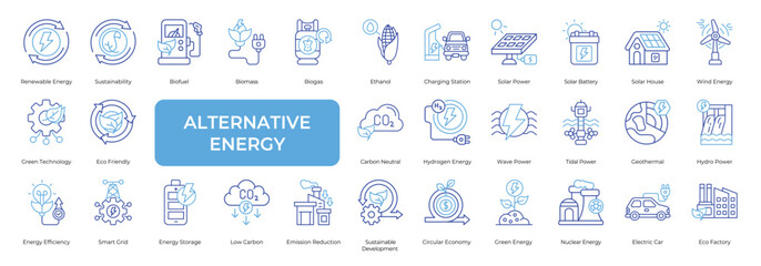 Alternative Energy Icon set Collection in Line Two Color Style. renewable, sustainability, biofuel, ethanol, solar, battery