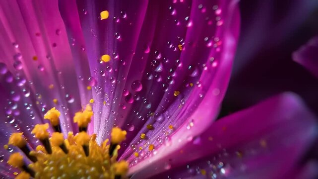 Extreme macro shot of pollen falling slowly onto a vibrant flower petal in a serene environment