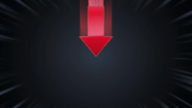 A glowing red arrow points downwards against a dark, abstract background