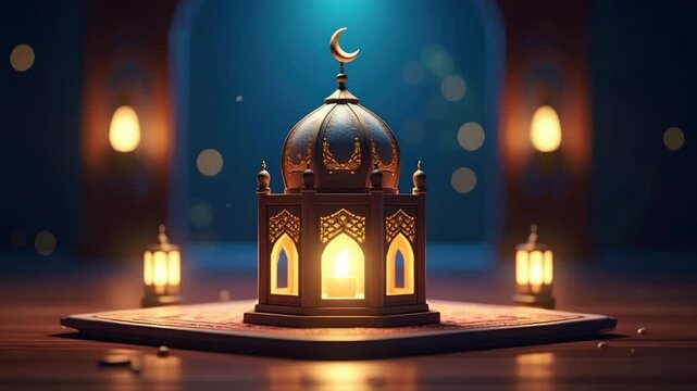 A lantern shaped like a mosque with a crescent moon ornament