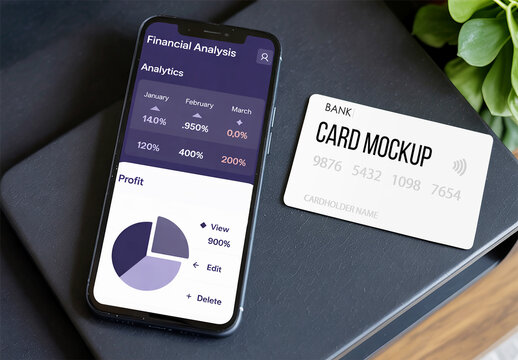 Financial Analysis Mobile App Interface and Contactless Bank Card Mockup