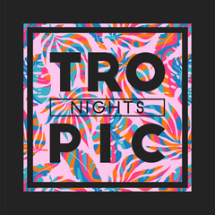 Vector art illustration with colorful abstract tropical leaves pattern isolated on black background. Modern design template for poster print wall decor banner card. Trendy minimal style © DarianaArt