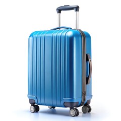 Professional studio shot of a durable blue rolling suitcase.